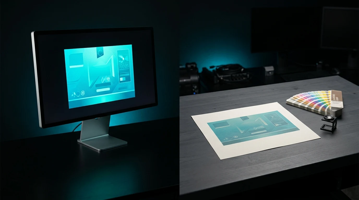 Türkiz címke ragyogón a monitoron (RGB) és tompábban nyomtatva papíron (CMYK)